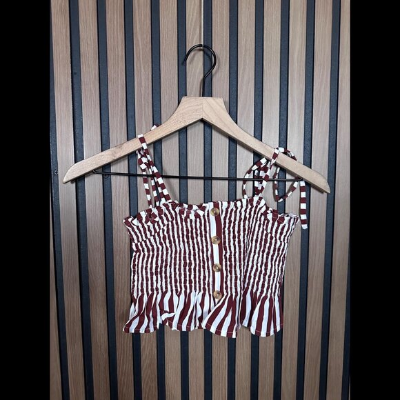 New Faithful the Brand Top Small Red White Striped Estoril Smocked Shoulder Tie - Picture 1 of 7